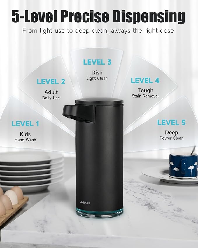 AIKE SensePro Automatic Soap Dispenser 12.8oz Spot Resist Matte Black | Type-C Charge with Months Long Standby Time, Adjustable 5 Levels Precise Dispense for Home Dish Soap and Hand Soap