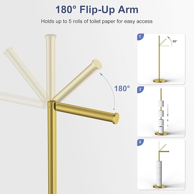 Brushed Gold Toilet Paper Holder Stand, 22.2" H Free Standing Toilet Paper Roll Holder Storage Shelf with Weighted Base, Rustproof Stainless Steel Bathroom Tissue Storage for Mega Rolls