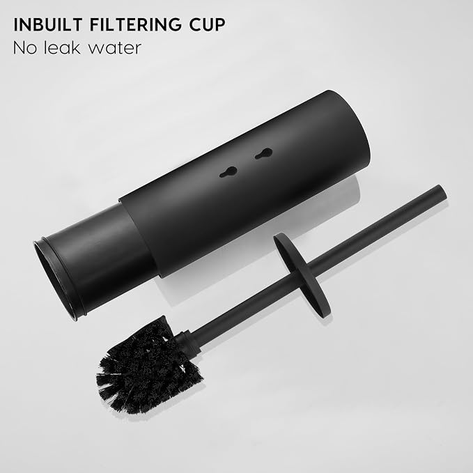 Toilet Bowl Brush and Holder, Black | 304 Stainless Steel, No-Punch Hook Base, Removable Inner Bucket, Splash Cover, Soft Bristles