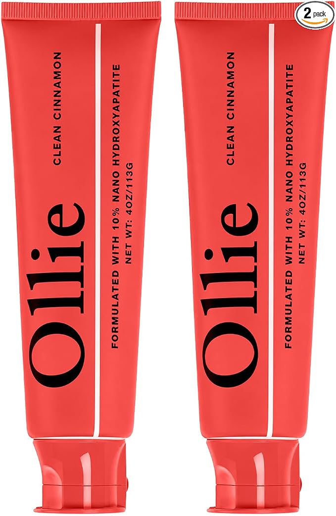 Ollie Fluoride Free 10% Nano Hydroxyapatite Toothpaste, Clean Cinnamon, 4oz | Rod-Shaped Nano HAP, Remineralizes Enamel, Reduces Sensitivity, Reverses Small Cavities, Naturally Whitens Teeth, (Pack of 2)