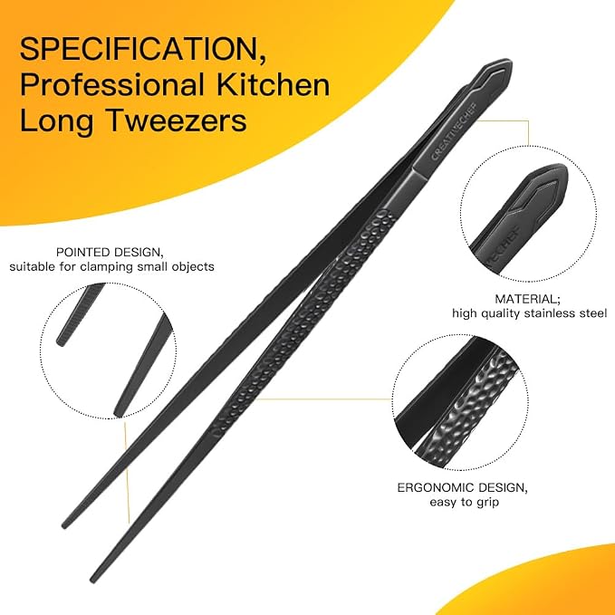 CREATIVECHEF Chef Tweezer Tongs, Professional Kitchen Tweezers, Precision Tweezer Tongs for Cooking, BBQ, Plating, Stainless Steel, Black (2)