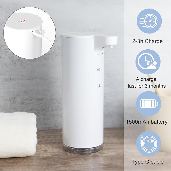 LAOPAO Automatic Soap Dispenser Foaming: Rechargeable Touchless Soap Dispenser Stainless Steel Foam Soap Dispenser for Bathroom Hand Soap Pump for Kitchen Xmas Gift, 9oz, White