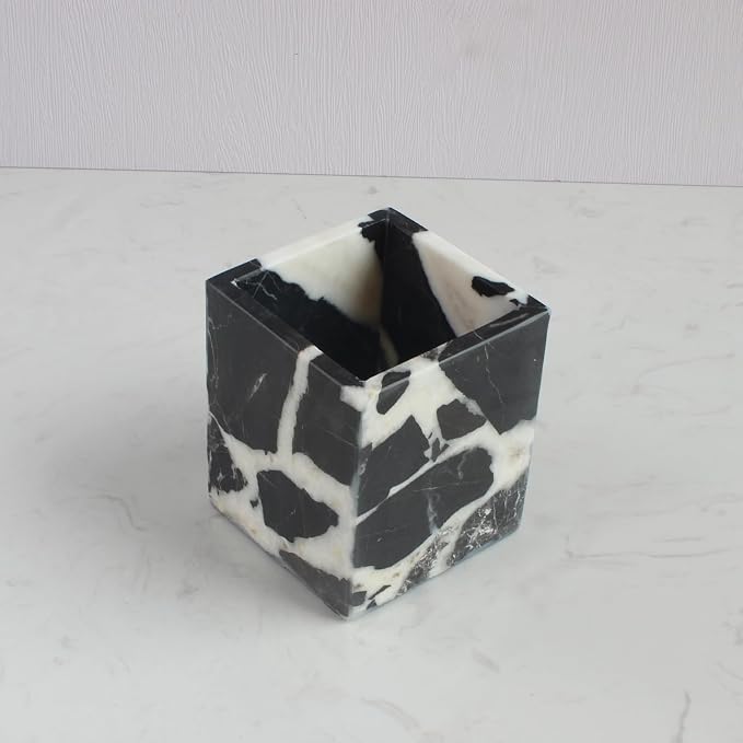 Natural Calacatta Viola Black Marble Square Storage Container for Toothbrush/Makeup Brush/Pens, Countertop Organizer Bathroom