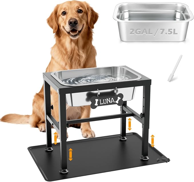 2 Gallon Elevated Dog Water Bowl for Large Dogs with Spill-Proof Mat, 4-Height Adjustable Raised Dog Water Bowl Stand (9.4-14.2'') with Stainless Steel Bowls for Indoor/Outdoor
