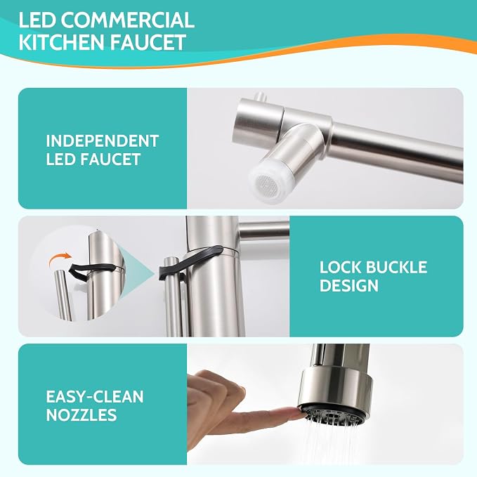 Kicimpro LED Kitchen Faucet with Pull Down Sprayer, Brushed Nickel Faucet for Kitchen Sink, Single Handle High Arc 304 Stainless Steel LED Commercial Bar Kitchen Sink Faucet for 1 Hole Or 3 Hole