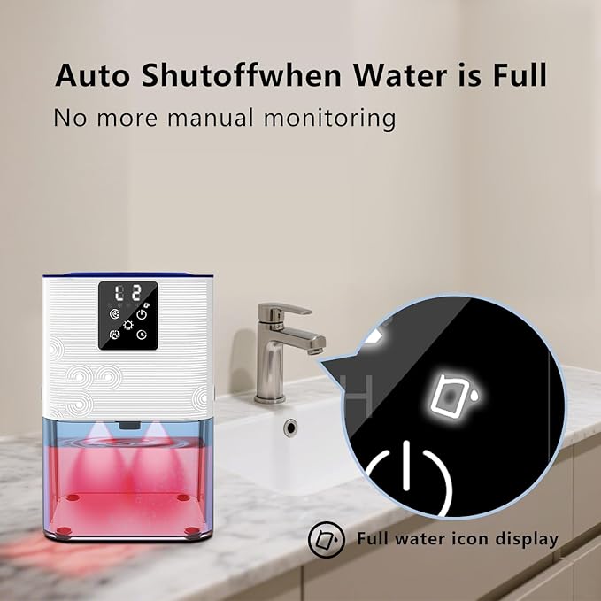 Dehumidifier, 3L/105oz Water Tank, 1100ml/Day, Bathroom Bedroom Basement RV, Ultra-Quiet 28dB Sleep Mode, Auto Shut-Off, Auto Defrost, 7-Color LED Light, Digital Display (White)