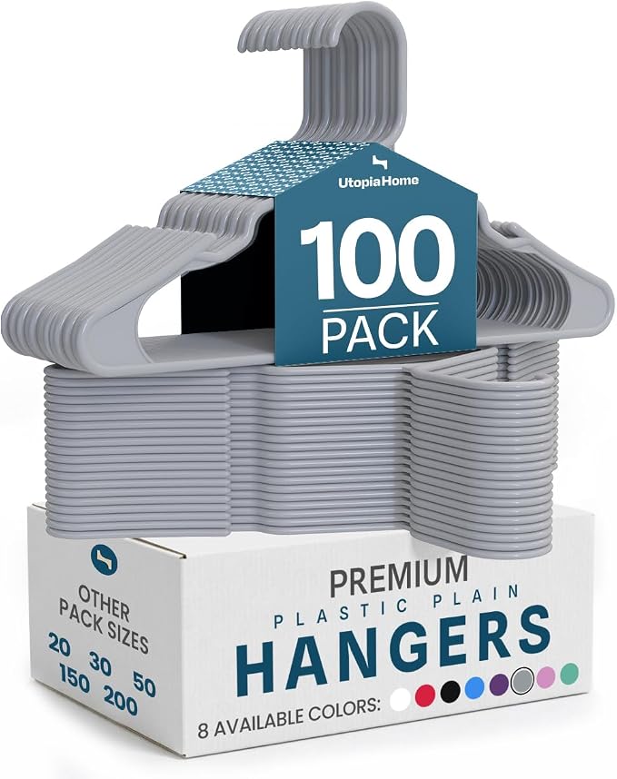 Utopia Home Plastic Hangers 100 Pack – Space Saving Clothes Hanger Grey | Durable & strong | Closet organizer & storage | Ideal for apartments, dorms & stocking stuffers