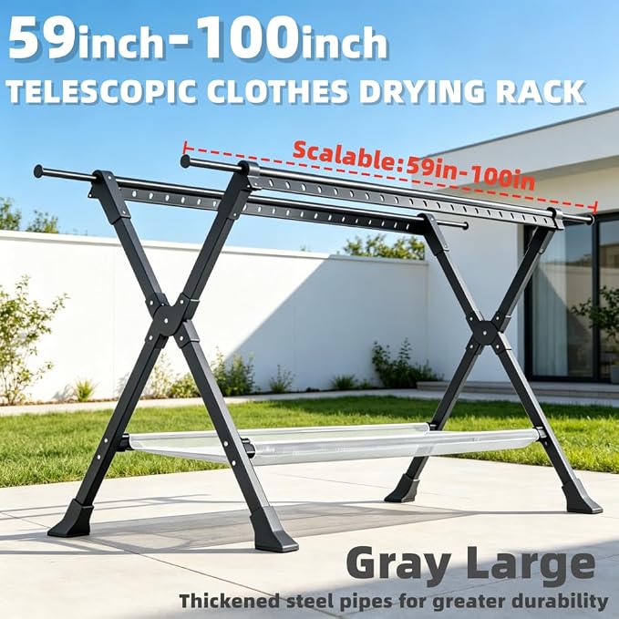 Telescopic Folding Floor Clothes Drying Rack, Thickened Steel Pipe, Household Balcony & Outdoor Clothes Hanging Rod with Drying Net (Large)