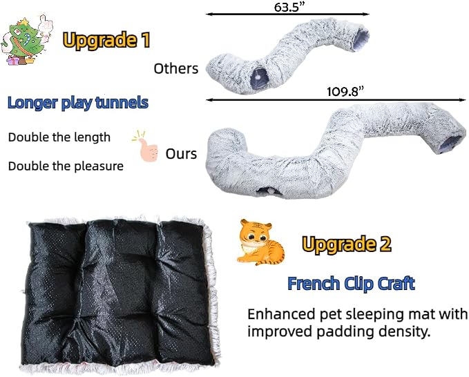 XxingSheep Extra Large Cat Tunnel Bed for Indoor Cats Peekaboo Cat Cave Donut with Center Mat