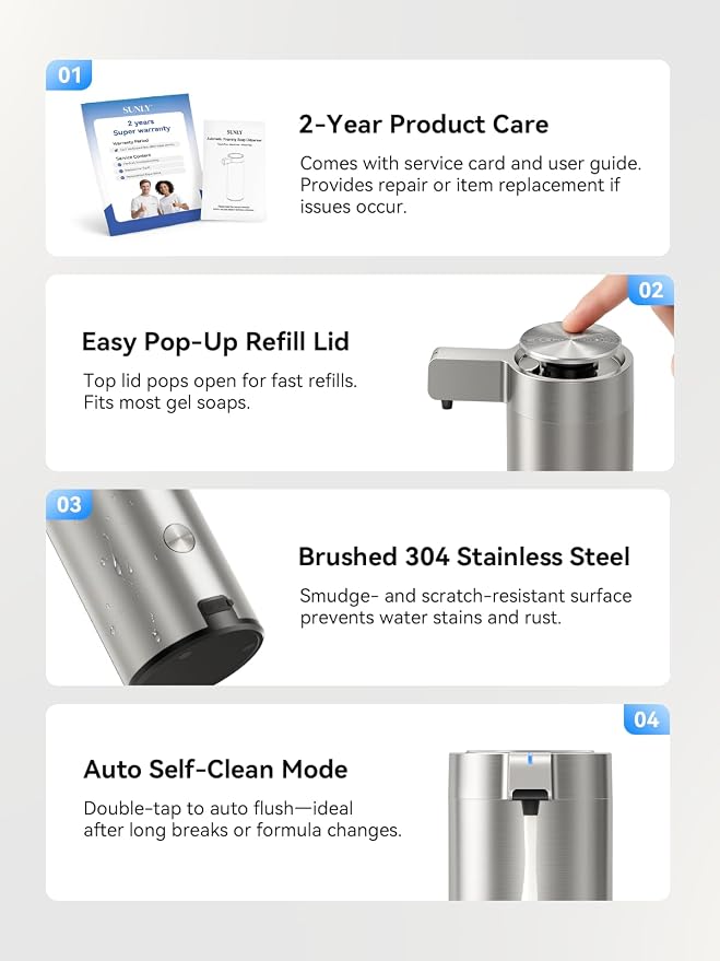 SUNLY Automatic Foaming Soap Dispenser Touchless – Clog-Free Pump, 0.2s Fast Sensor, USB-C Rechargeable, Smudge-Resistant Stainless Steel, for Kitchen & Bathroom Soap Dispenser
