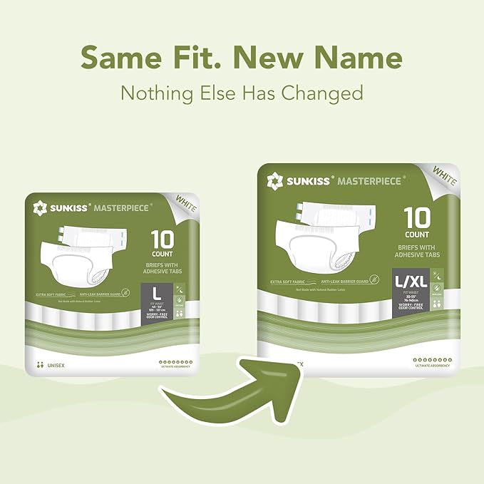 SUNKISS Masterpiece Adult Diapers with Tabs, Unisex Disposable Incontinence Briefs for Women and Men, Odor Control, White, Large/XLarge, Previously Large, 10 Count (Pack of 2)