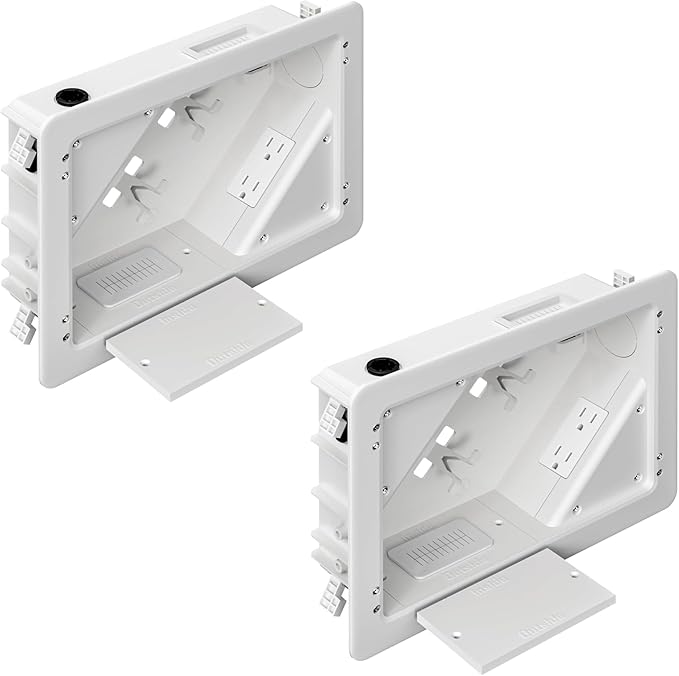 in-Wall TV Box with Flange for Home Theater Installation, Cord Hider for Wall Mounted TV, with 2 Duplex Outlets, Cable Bracket, LV Cable & 1-1/2" ENT Entrance, Ideal for New or Retrofit Job, 2 Pack