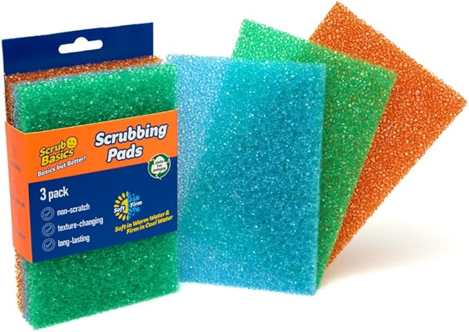 Scrub Basics Scrubbing Pads - Non-Scratch Scouring Pads with Texture Changing Technology, Dish Scrubber Scourers Sponge for Washing Up, Cleaning & Kitchen - Pack of 3