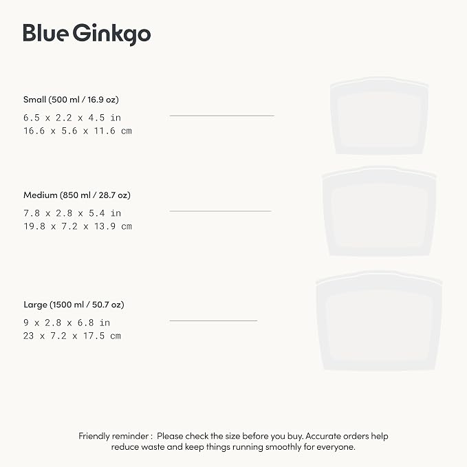 Blue Ginkgo Reusable Silicone Storage Bags – 3-Pack | Korean-Made Stand Up Food, Freezer Bags - Clear