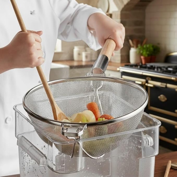 Soro Essentials- 14" Stainless Steel Double Fine Mesh Reinforced Strainer with Wooden Handle- Kitchen Utensil Food Strainer for Cooking Sieve Sifters Rice Quinoa Pasta Fruits Vegetable