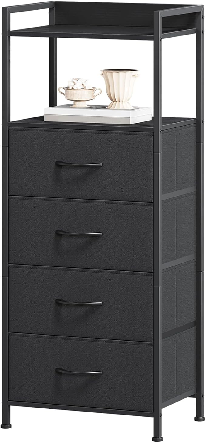 Somdot Nightstand with 4 Drawers, Vertical Storage Tower Fabric Dresser for Bedroom, Night Stand Bedside Table Furniture, Sturdy Steel Frame, Wooden Top & Easy Pull Fabric Bins, Black