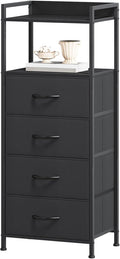 Somdot Nightstand with 4 Drawers, Vertical Storage Tower Fabric Dresser for Bedroom, Night Stand Bedside Table Furniture, Sturdy Steel Frame, Wooden Top & Easy Pull Fabric Bins, Black