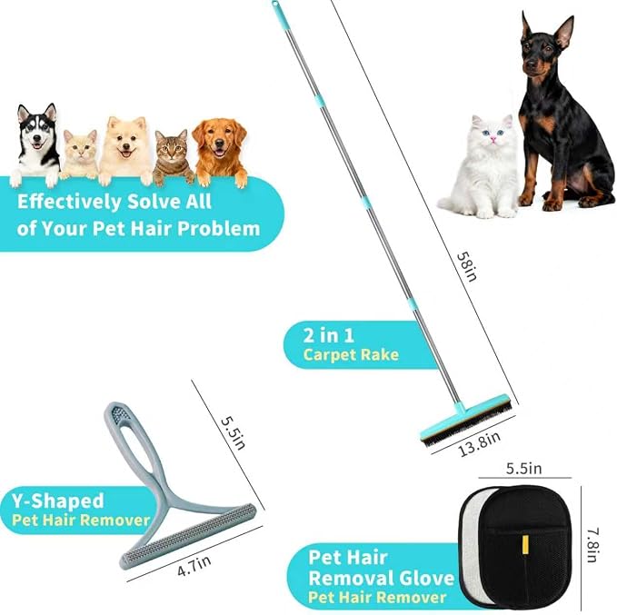 3 in 1 Carpet Rake for Pet Hair Removal Tool, Rubber Broom 58 Inch Adjustable Long Handle Carpet Scraper for Dogs and Cats, Carpet Brush Lint Remover for Carpets, Rugs, Mats, Couch