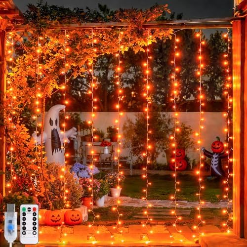 JMEXSUSS Orange Curtain Lights for Halloween, USB Plug in, 200 LED