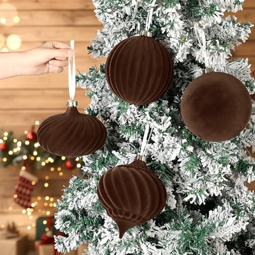 Civaner 4 Pcs Velvet Christmas Ball Ornaments,6 Inch,Brown