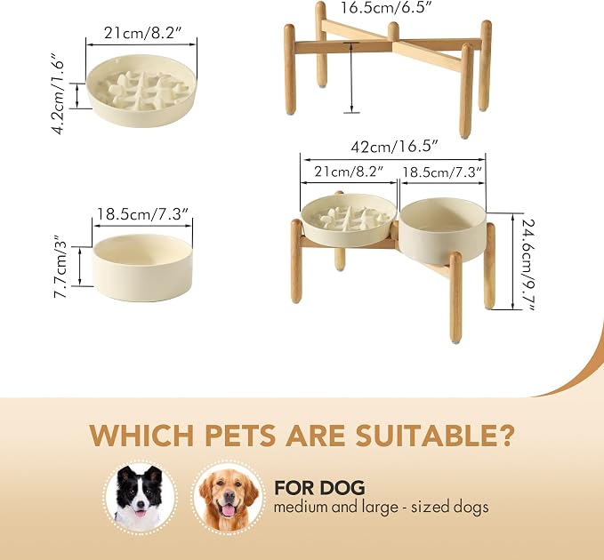 Havniva Elevated Slow Feeder Dog Bowls, Ceramic Dog Bowl Slow Feeder Set | 1.6 Cups Raised Slow Feeder Dog Bowl for Medium Breed, 7.3” Dog Water Bowl with Wooden Stand, Puzzle Dog Food Bowl, Non-slip