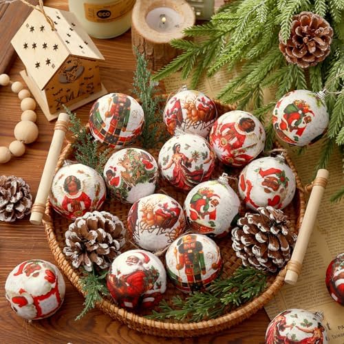 Outus 16 Pcs Santa Claus Black Ball Ornaments for Tree African American Christmas Hanging Ornaments Santa Claus Black Christmas Decorations for Tree Xmas Gifts Farmhouse Fireplace Holiday Party Favors