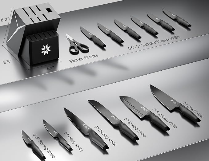 ASETY Kitchen Knife Set, 15 PCS Knife Block Set, Dishwasher Safe, Black | Razor Sharp Knives, Wood Block with Built-In Sharpener, Stainless Steel Knives set for Kitchen, Ergonomic Non-Slip Handle