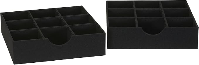 Household Essentials Drawer Organizer Tray with Fabric Cover and 9 Square Compartments, Black, Set of 2
