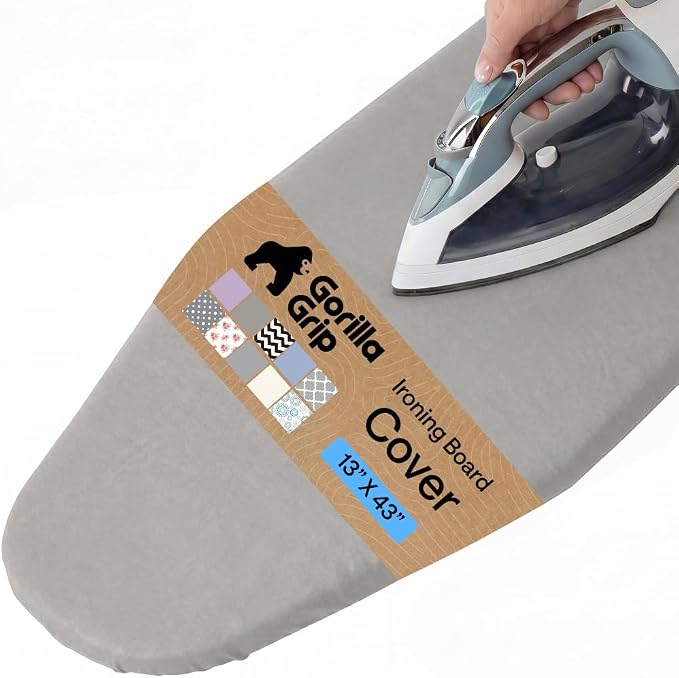 GORILLA GRIP The Original Ironing Board Cover and Pad, Silicone Coating, 400°F Scorch Resistant Thick Padding, Heavy Duty Iron Covers Standard Boards, Hook and Loop Fastener Strap, Silver 13x43