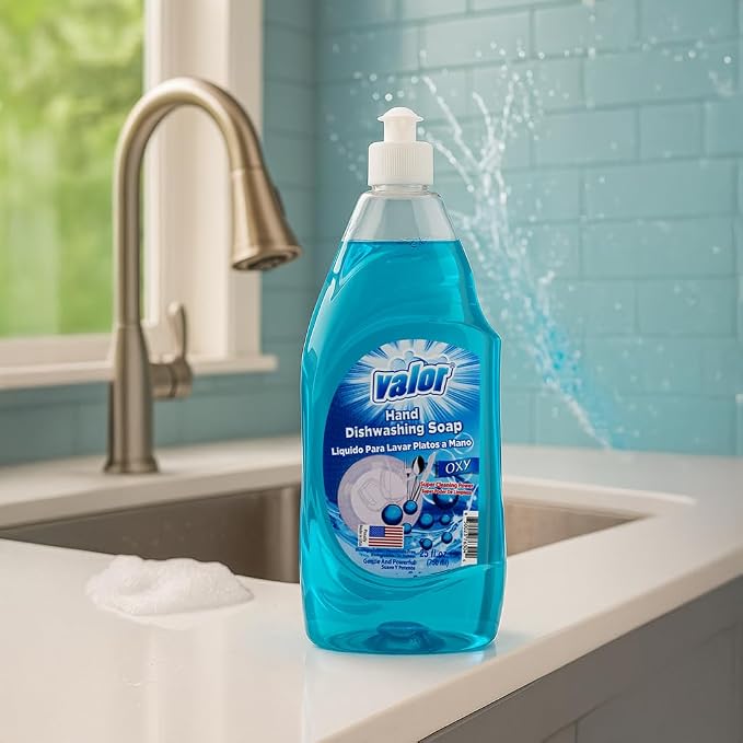 Valor Dishwashing Liquid, 25 fl oz – Dish Soap for Kitchen & Bathroom, Grease-Fighting, Gentle on Hands, Fast Rinse, Eco-Friendly Biodegradable Formula (25.5 oz (Pack of 6), Oxy Power)