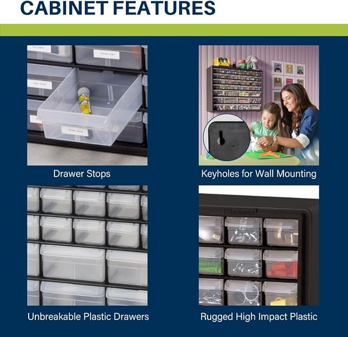 Akro-Mils 44-Drawer Plastic Drawer Storage Cabinet for Garage Organization, Bead Organizer, Building Bricks Storage, Teacher Toolbox, Makeup Organizer, 20-Inch W x 6-Inch D x 16-Inch H, 10144 Yellow