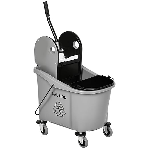 HOMCOM 9.5 Gallon (38 Quart) Mop Bucket with Wringer Cleaning Cart Grey | 4 Moving Wheels, 2 Separate Buckets, Mop-Handle Holder