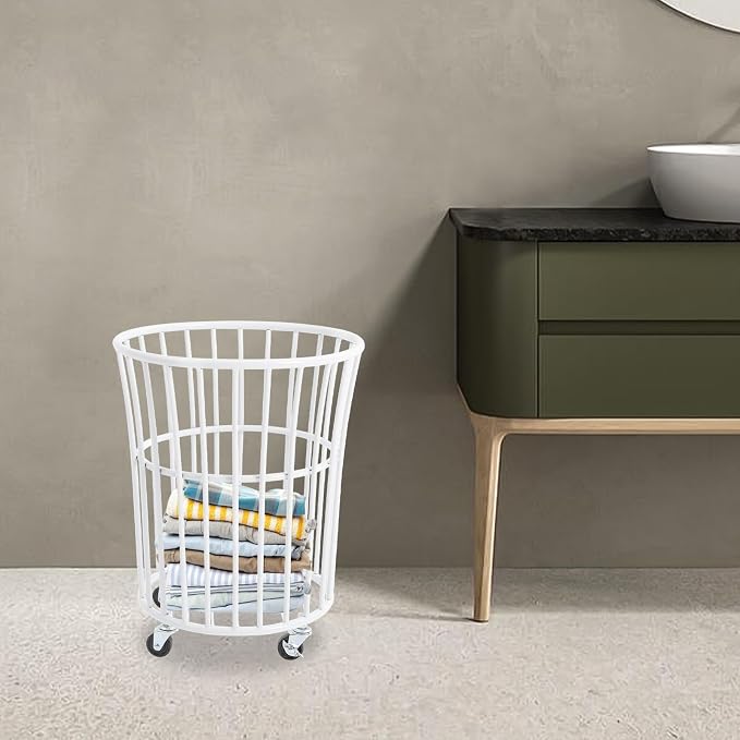 Rolling Laundry Hamper with Wheels Metal Wire Laundry Basket Cart Heavy Duty Clothes Toy Sundries Storage Organize Hamper Bin for Living Room Bathroom Closet Bedroom (White, Round 4)
