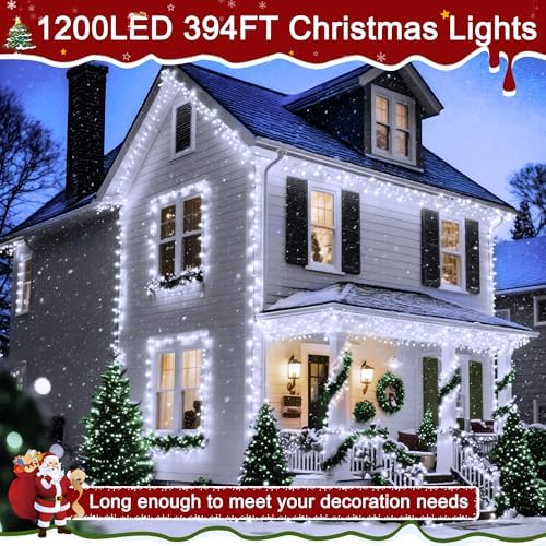 Christmas Lights Outdoor, Christmas Tree Lights Plug in, 8 Modes Twinkle String Light for Bedroom Wedding Party Ceiling Xmas Home Decorations 1200 LED(Cool White 394 FT)