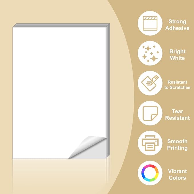 Sticker Paper, BESTEASY 8.5" x 11" Full Sheet Label Stickers for Laser Inkjet Printer, Self Adhesive Printer Paper Shipping Labels, White Matte Mailing Label Stickers (100 Sheets,100 Labels)