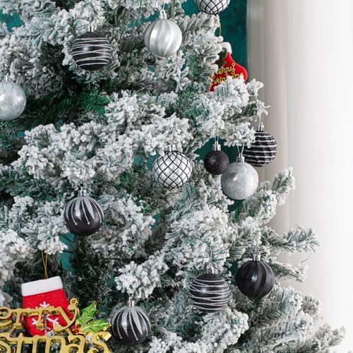 100Pcs Black Silver White Christmas Ball Ornaments Set for Tree, Assorted Shatterproof Christmas Decorations, Hanging Decor for Xmas Tree Holiday/Party/Home (Black & White & Silver)