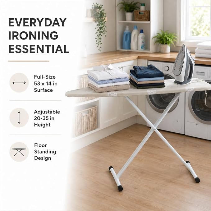 Folding T-Leg Ironing Board, 53 x 14 Inch, Adjustable Height, for Home Use | Portable ironing board with sturdy steel frame and 100% cotton cover, adjustable height, folds flat for easy storage