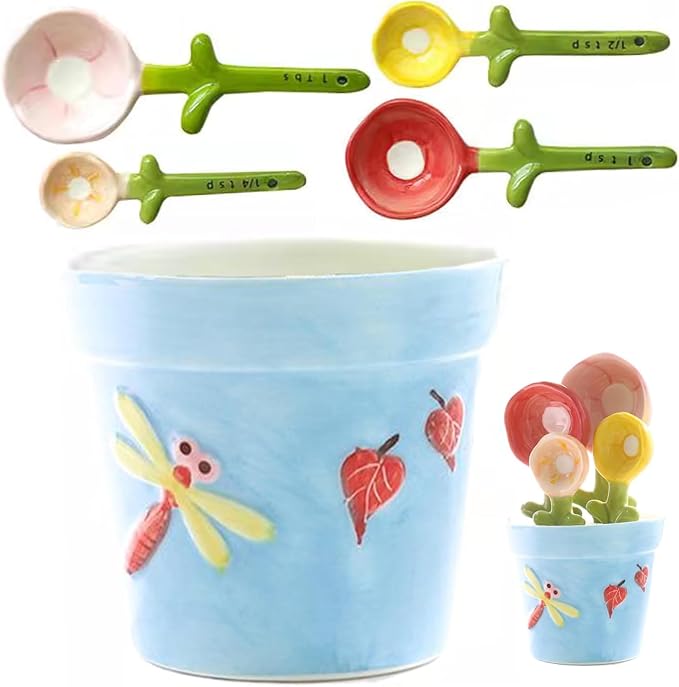 Ceramic Flower Measuring Spoon Set,Decorative FlowerPot Measuring Spoons and Cup Set in Pot, Flower Baking Scale Spoons with Base for Dry and Liquid Ingredient, 1/4 Tsp,1/2 Tsp,1Tsp,1Tbsp (2*Blue)