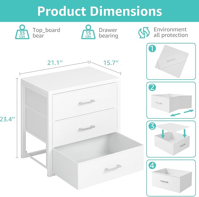 BOLUO Closet Drawers White 3 Drawer Dresser for Closet Organizers and Storage Bedroom Dorm Modern