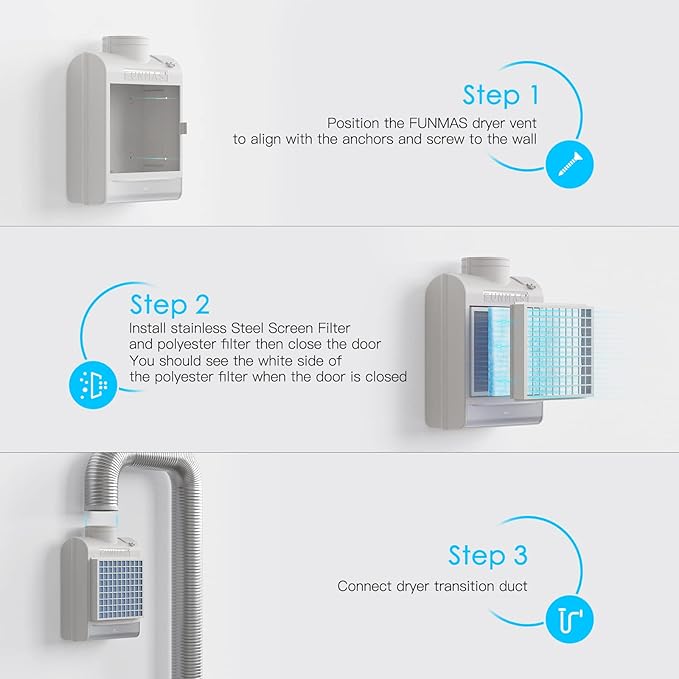 FUNMAS 3-in-1 Indoor Dryer Vent, Stainless Steel Screen Filter, Polyester Filter and Water Drawer System, Upgrade Safety Vent Flap, with 4 Pieces Polyester Filters, For Electric Clothes Dryers