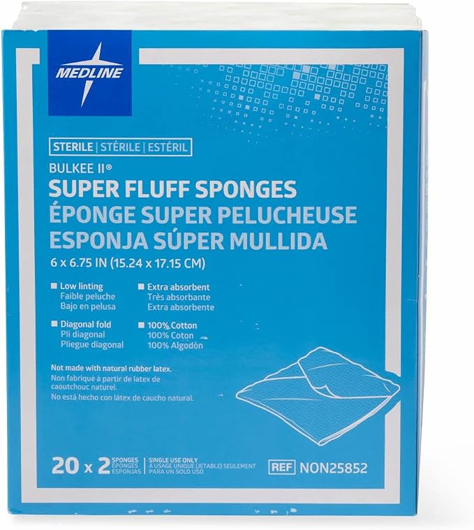 Medline Bulkee Sterile Diagonal Super Fluff Sponge, 6" x 6.75", 480 Count | Soft And Highly Absorbent Sponges Designed For Wound Care, Cleansing, And Packing With Reliable Fluid Management