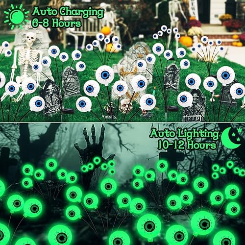 Kohlrabi Halloween Decorations Outdoor, 4 Pack 24 LED Solar Scary Eyeball Swaying Lights, Green Solar Firefly Lights Waterproof Outdoor Garden Light for Halloween Yard Garden Lawn Party Flower Bed
