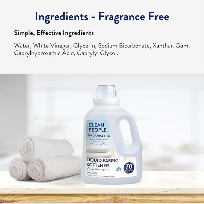 Clean People All Natural Liquid Fabric Softener - Plant-Based, Eco Friendly - Naturally Softens & Removes Static Cling - Vegan - Fragrance Free Laundry Softener - 100 fl oz - 140 loads