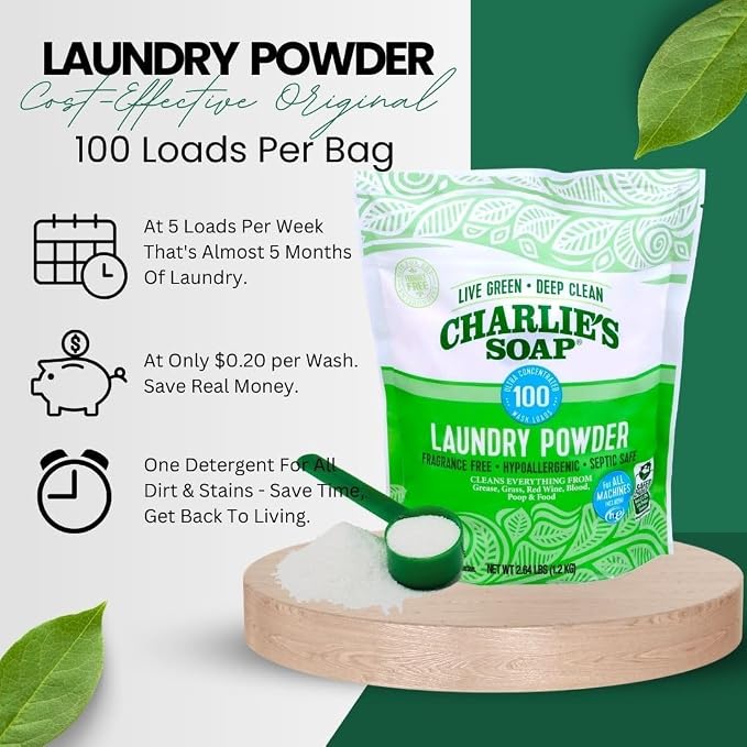 Charlie’s Soap Laundry Essentials Variety Pack – Oxygen Bleach (4 lb) + Laundry Powder Detergent (100 Loads) – Fragrance Free, Deep Cleaning, Safe for Colors & Whites