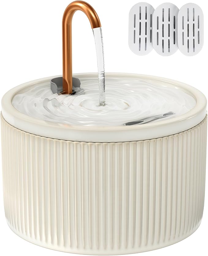 MISFANS Ceramic Cat Water Fountain, All-Ceramic Body, Pure Copper Spout | 2.1L/71oz Capacity, Embossed Design, Under 20dB Pump, Dual Filtration, 2 Flow Modes, Easy-Clean Unit, 3 Filters and Sponge
