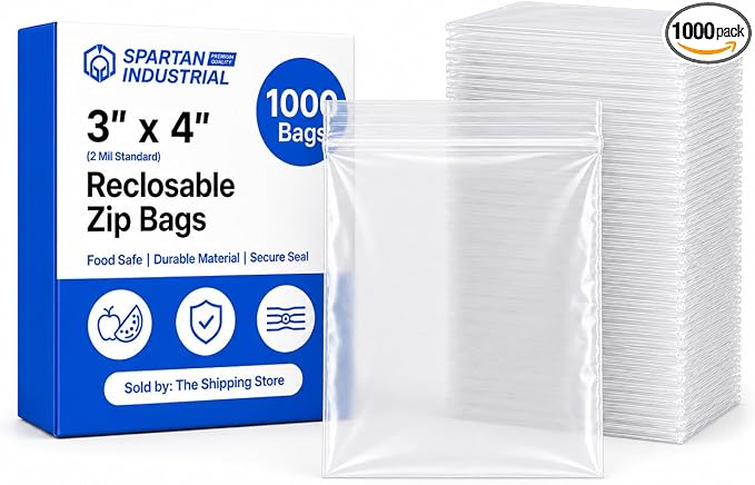 Spartan Industrial - 3” X 4” (1000 Count) 2 Mil Clear Reclosable Zip Plastic Poly Bags with Resealable Lock Seal Zipper