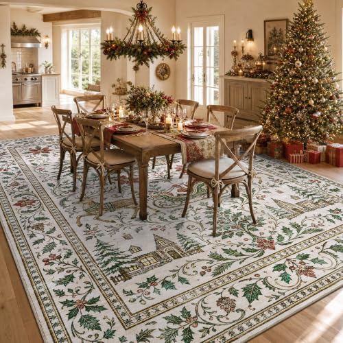 Engiw Christmas Rug 8x10 Area Rug, Washable Non-Slip, Soft Low Pile Carpet, Christmas Decorations for Living Room, Bedroom, Kitchen, Hallway, Entryway and Under Christmas Tree