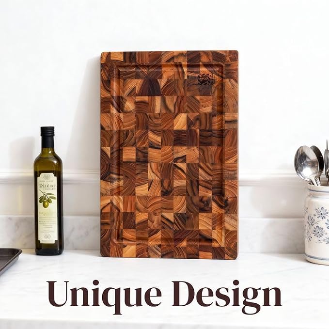 Premium End Grain Teak Cutting Board 12" x 8" x 1" with Handle & Juice Groove, Medium Thick Solid Non-toxic Wood Butcher Block for Meat, Fruit, Cheese & Kitchen Prep by New M Way