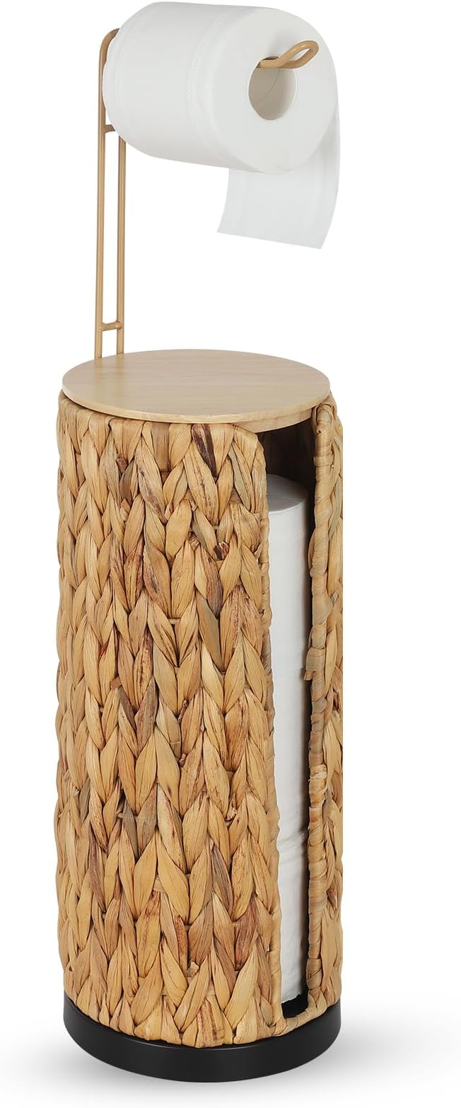 Freestanding Toilet Paper Holder with Storage,3 Rolls of Tissue Holder for Bathroom,Handmade Woven Toilet Paper Roll Holder Stand,Water Hyacinth Boho Bathroom Decor Farmhouse Toilet Paper Storage