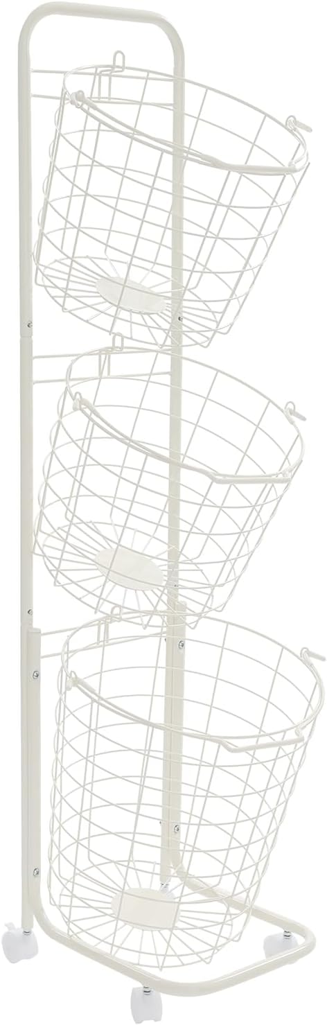 3 Tiered Storage Basket Laundry Basket with lockable Wheels,White | Ru-stpr-oof Metal Storage Cart,Easy Assembly, Load 33lb, Removable Wire Basket Organizer for Laundry Kitchen Market Bathroom